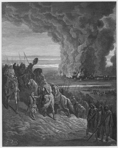 Josué incendiando la ciudad de Hai de Gustave Dore